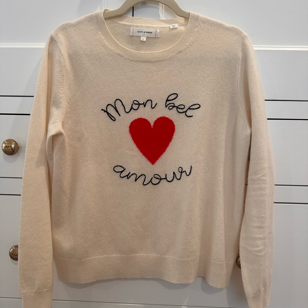 Chinti & Parker Beige Sweater with Red Heart Motif